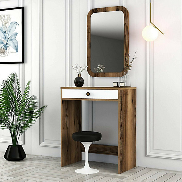 Console Baunei, Table polyvalente, Armoire de rangement, Bureau du couloir, 70x85 h40 cm, Noyer et Blanc
