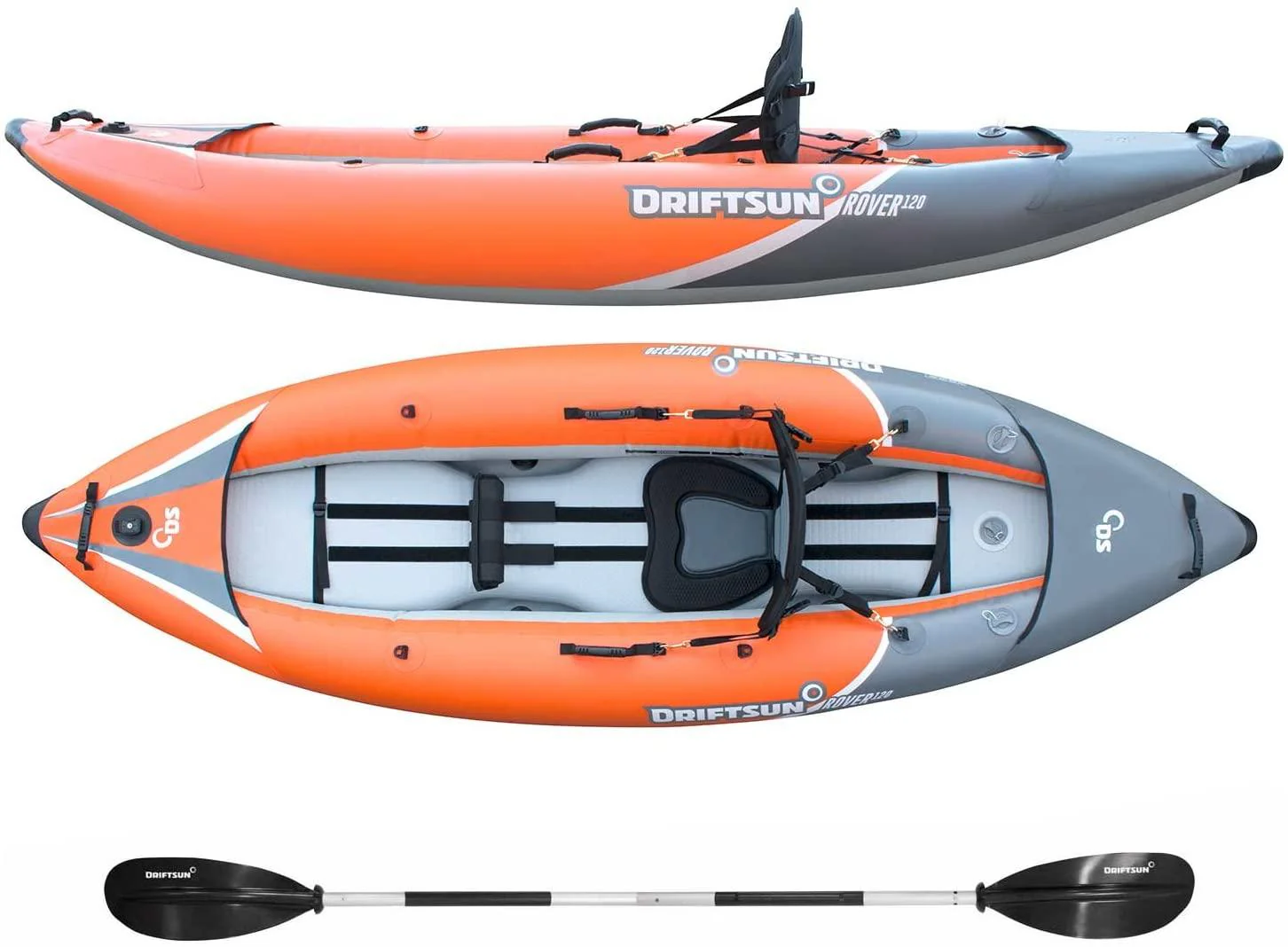 Rover 120/220 Inflatable Tandem White-Water Kayak with High Pressure Floor and EVA Padded Seats with High Back Support, Includes Action Cam Mount, Aluminum Paddles, Pump and More