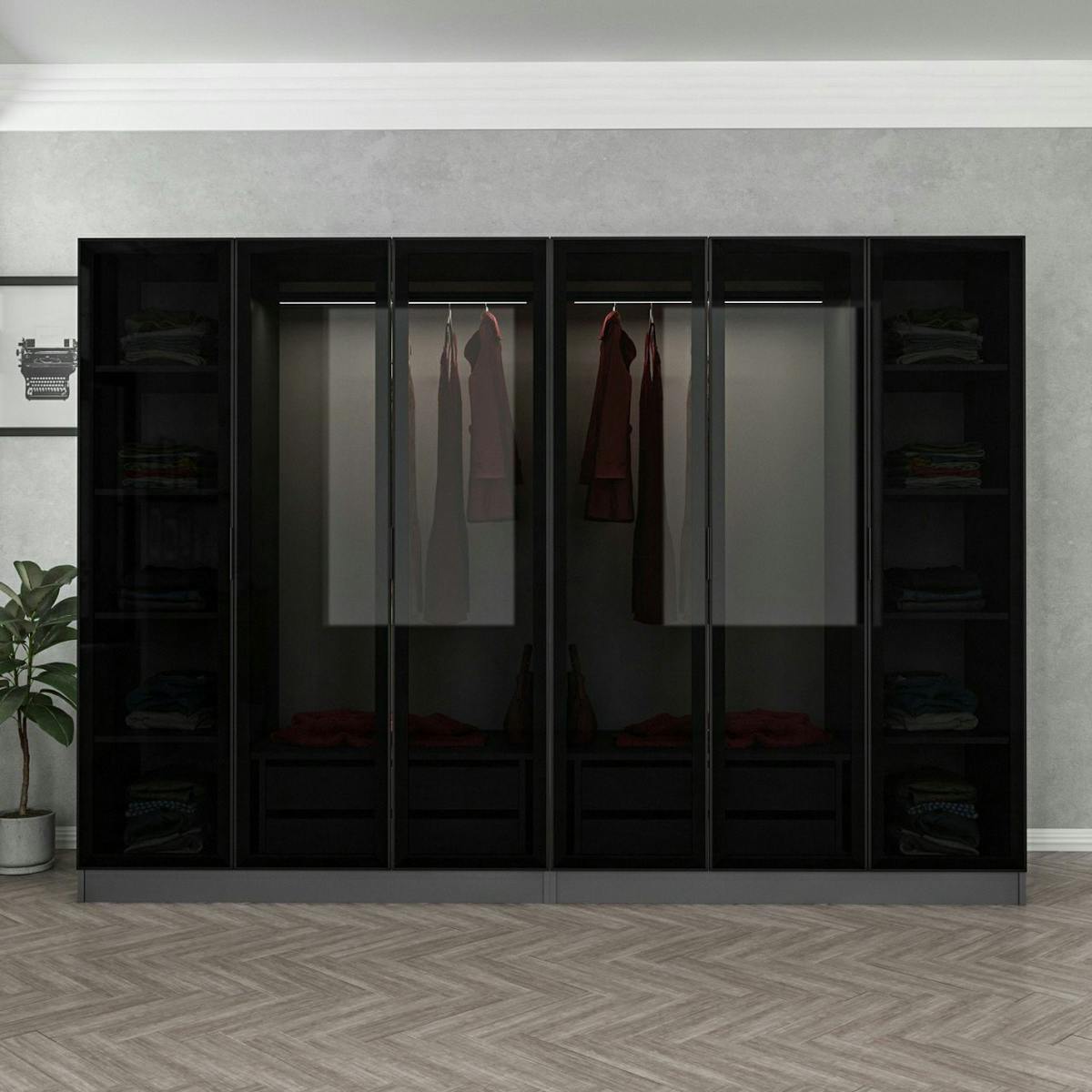 Dressing design 6 portes, verre noir & cadre anthracite BYRON