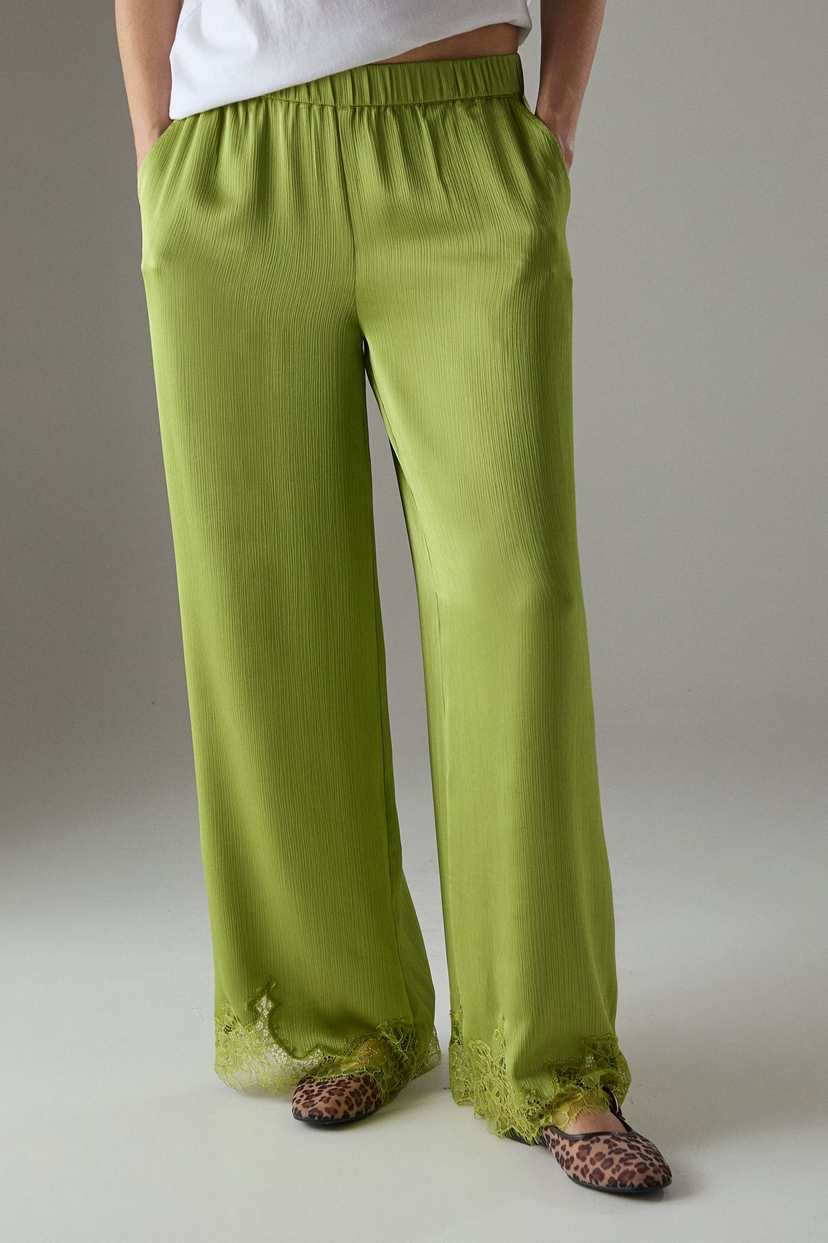 Warehouse Satin Lace Insert High Waisted Wide Leg Trousers