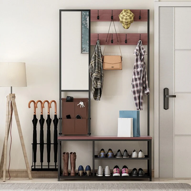 Sevy Entryway Coat Rack, Hall Tree with Shoe Storage Bench, Mirrors, Hooks, Umbrella Rack, Storage Bag, and Cute Side Bench