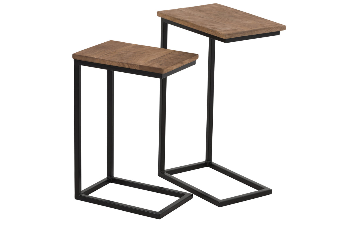 J-Line bijzettafel Rechthoek - metaal/hout - zwart/naturel - set van 2