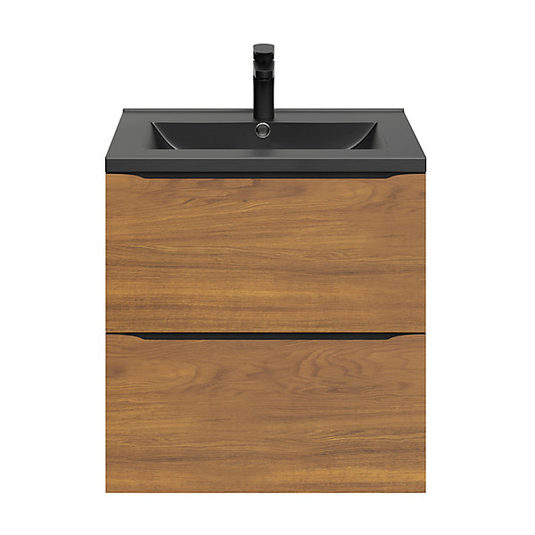 Meuble vasque suspendu effet noyer l.60 cm Imandra   plan vasque noir céramique Nira, GoodHome