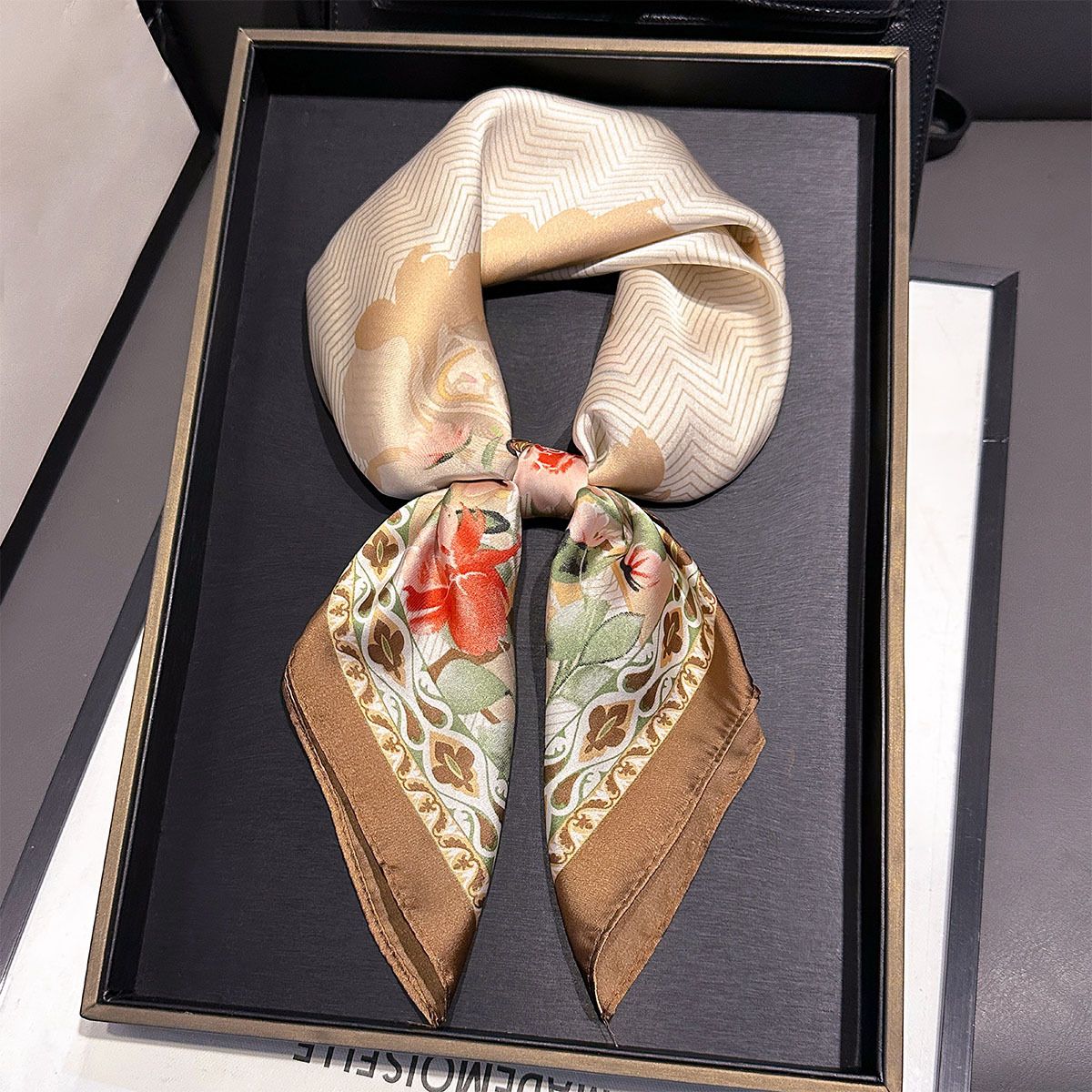 PEACH ACCESSORIES Elegant Botanical Print Square Neck Scarf