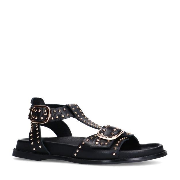 Zwarte leren sandalen met goudkleurige buckles en studs