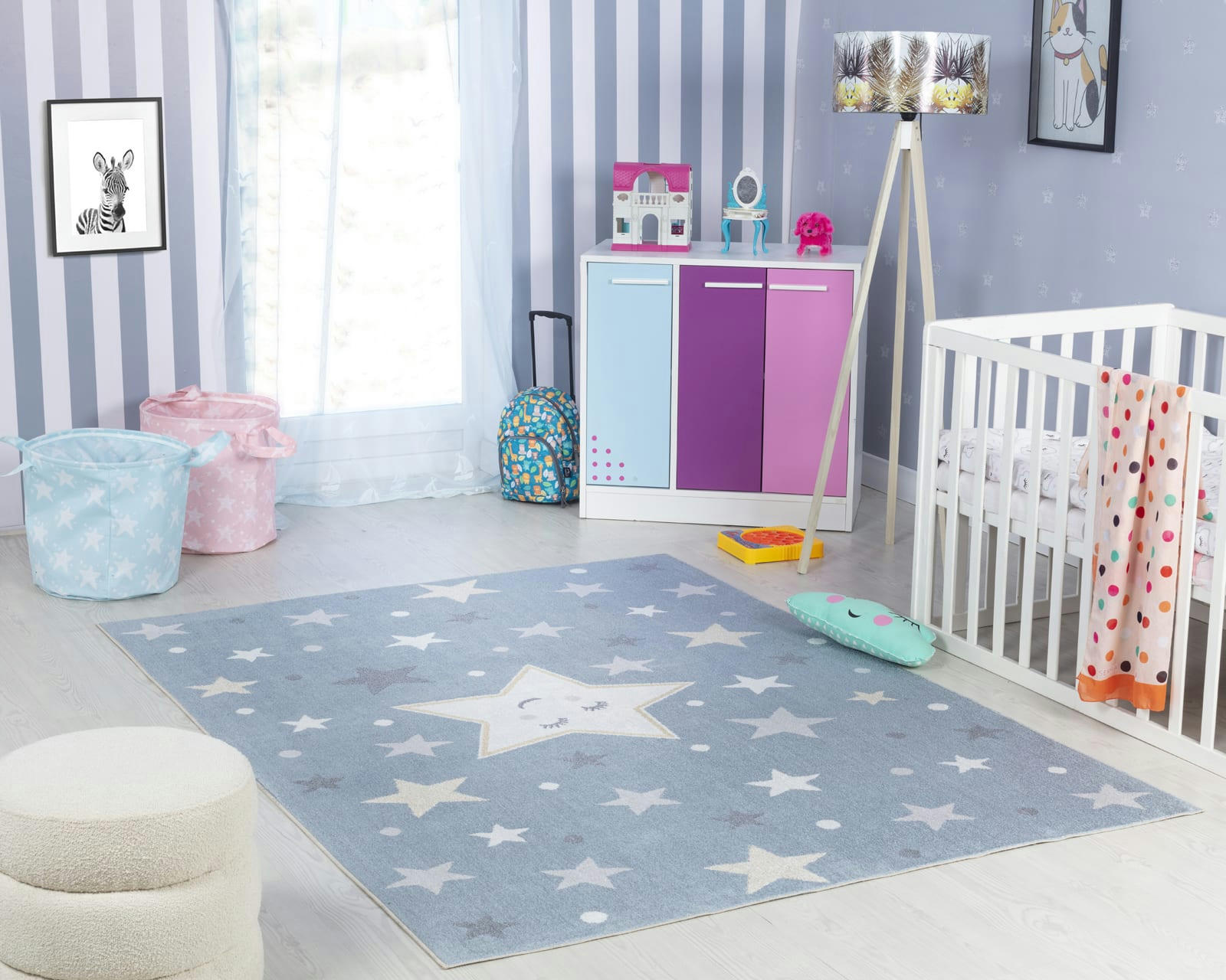 SUPERMAMA - Tapis Enfant Lavable Étoiles Bleu/Beige 160x213