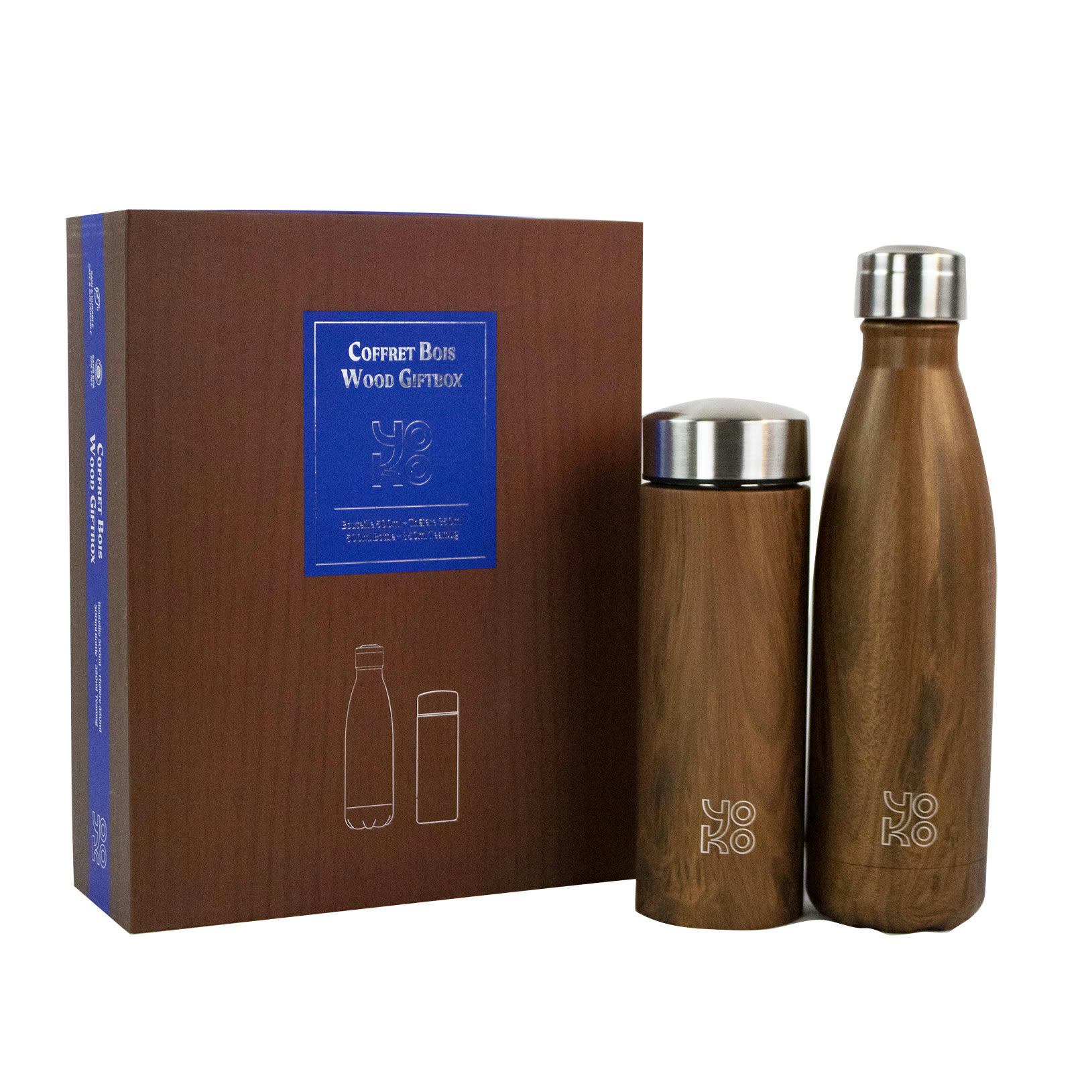 - Coffret 1 bouteille et 1 theiere bois