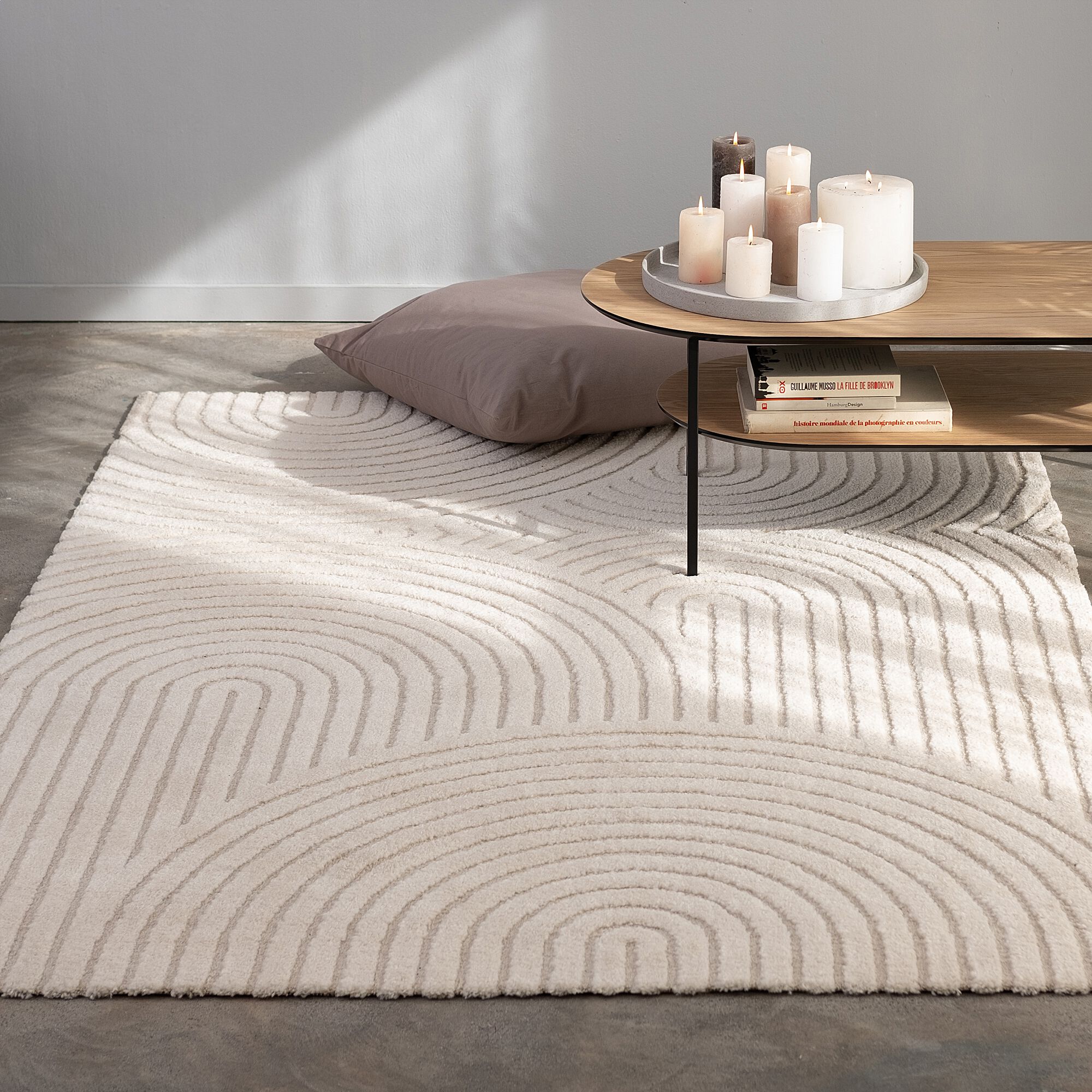 PELA - Tapis à motifs circulaire - blanc écru 200x290cm