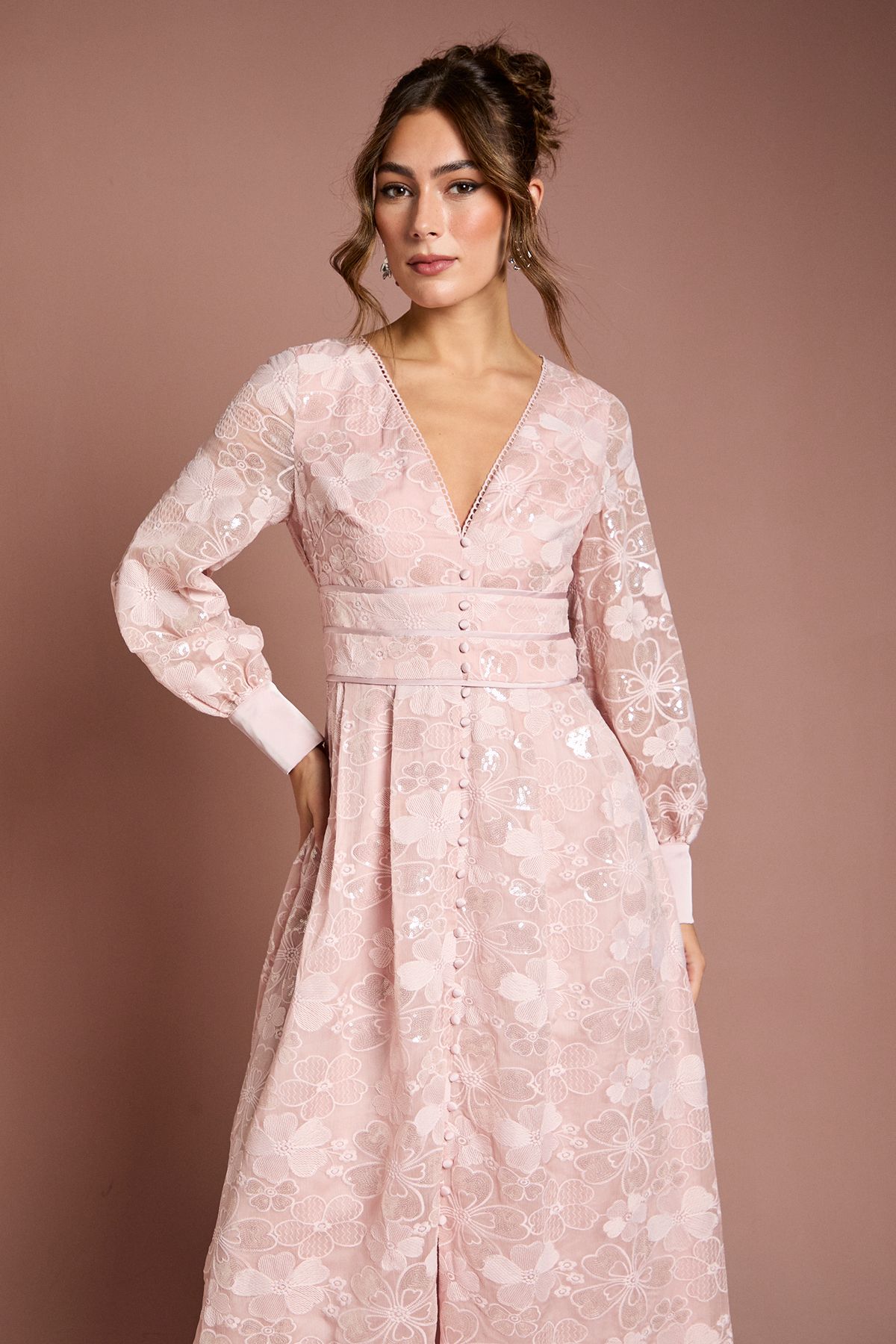 Coast Blouson Sleeve V Neck Sequin Floral Mesh Midaxi Dress