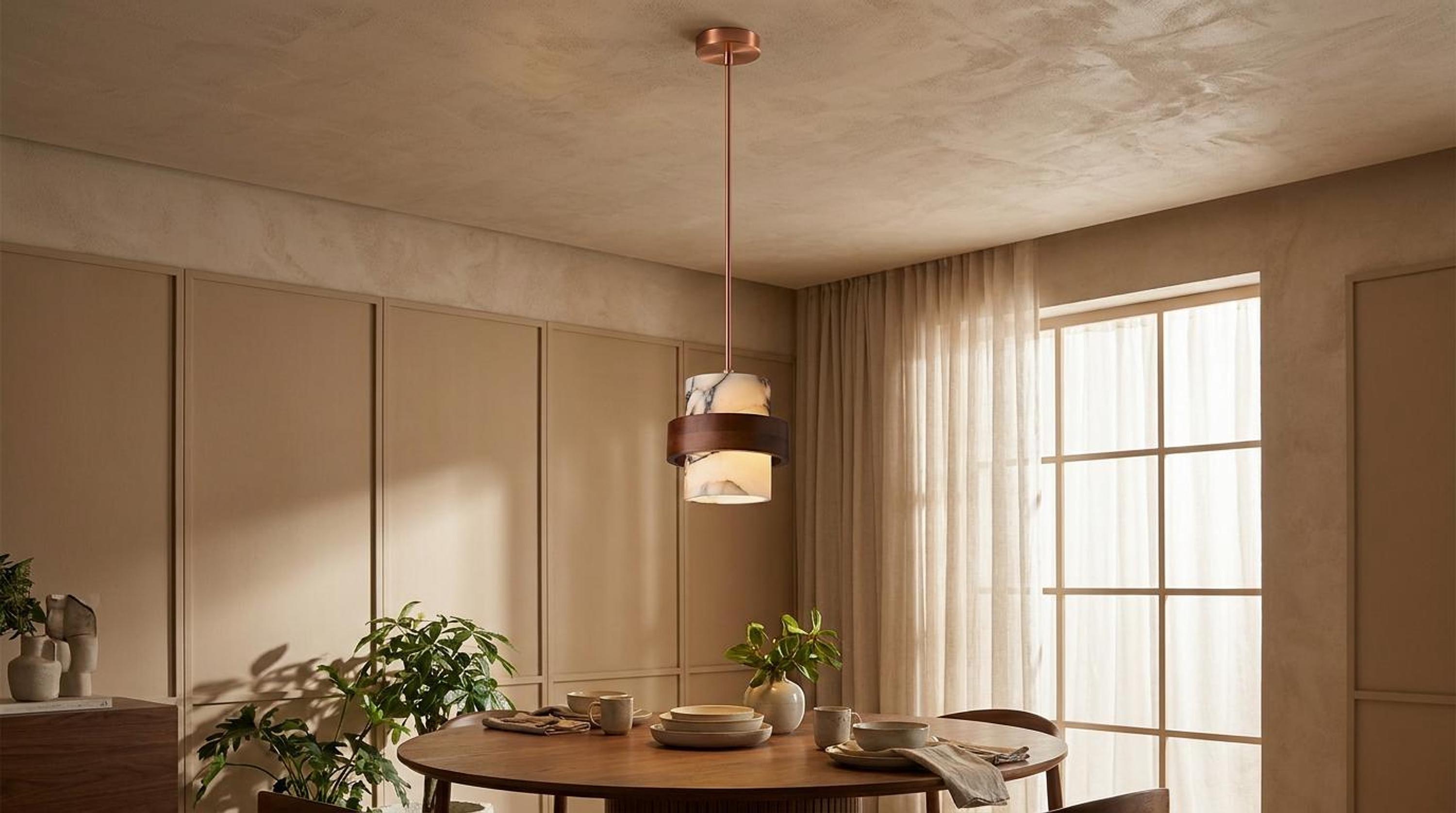 Wood Pendant Light, Natural Marble Cylinder, Adjustable E27 Socket