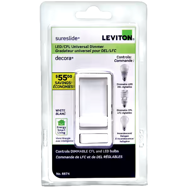 Leviton 06674-732 Decora SureSlide LED & CFL Universal Slide Dimmer with On/Off Pre-Set, White