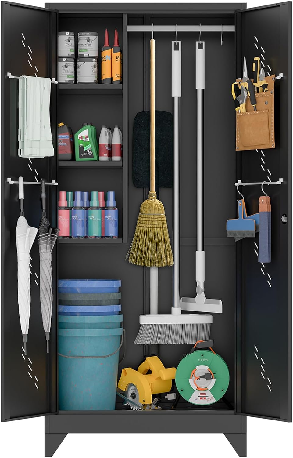 75 Metal Storage Cabinet with Lockable Doors, Functional Garage Storage Cabinets, Heavy-Duty Tool Organization Cabinet with Hanging Rod & S-Hooks (75 Utility Closet)