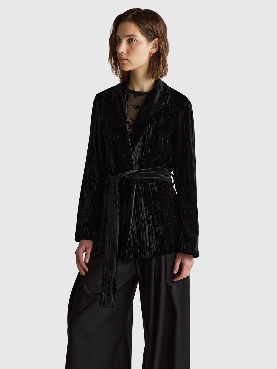 Smooth velvet blazer with sash belt