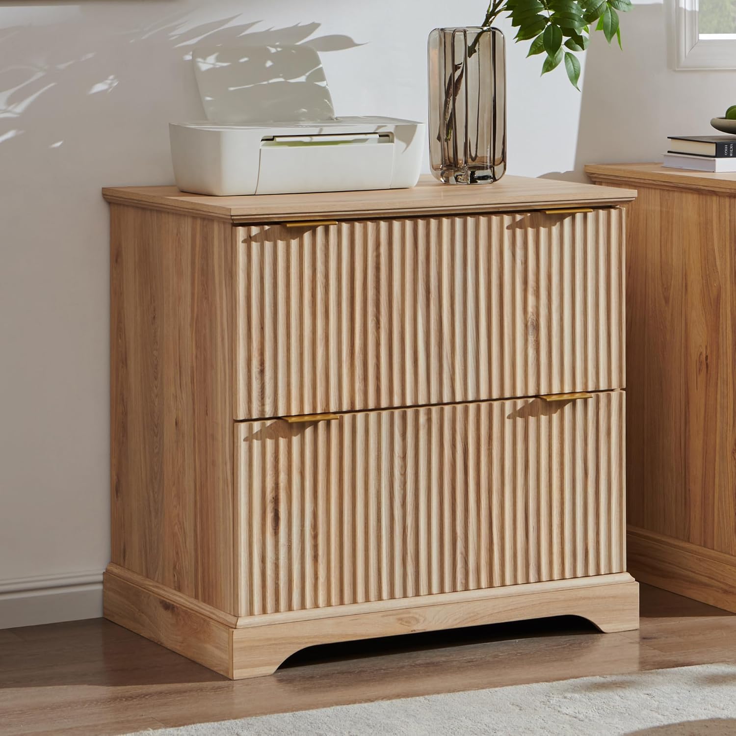 JXQTLINGMU 2 Drawer File Cabinet with Charging Station, 30 Fluted Lateral File Cabinet w/Files Hanging Rod for Letter/Legal/A4, Large Tabletop for Printer, Office Wood Printer Cabinets, Oak