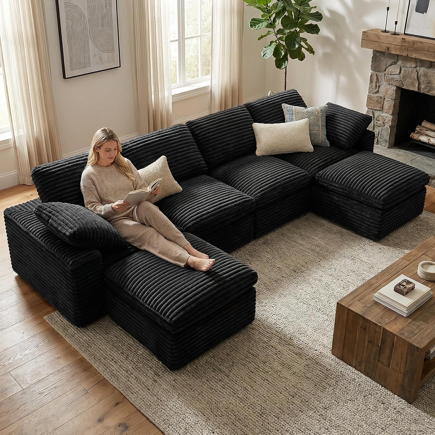 KKL 150 U Shaped Sectional Modular Boneless Sofa, 6 Seater Cloud Couch with Ottoman, Corduroy Sectional Couches for Living Room Bedroom, Black