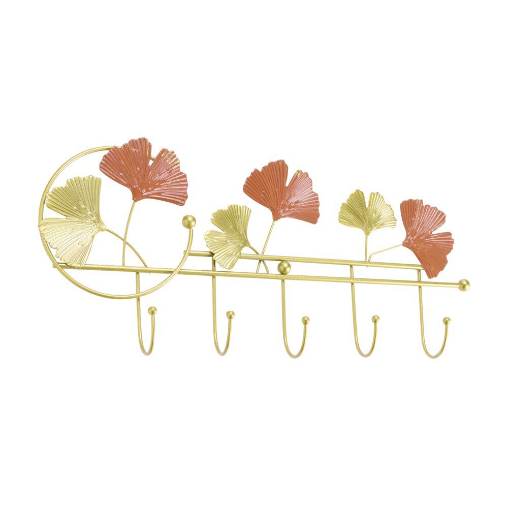 Patère 5 crochets déco feuillage métal doré et orangé L47xH21,5cm