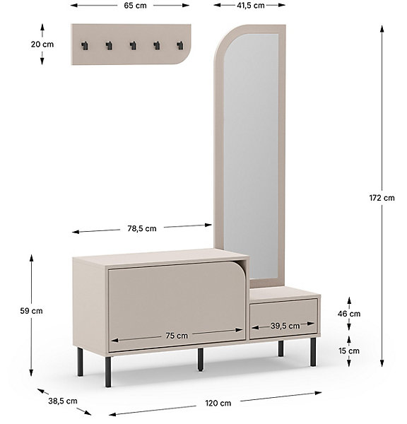 Meuble d'entrée, meuble à chaussures aspect bois coloris crème avec miroir et portant, pieds en métal noir