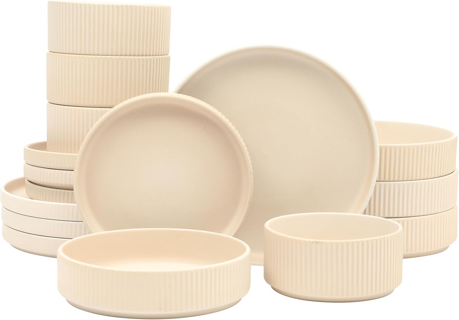 Gibson Elite Deerfield 16-Piece Stoneware Dinnerware Set – Cream White Reactive Glaze Plates and Bowls, Stackable Design, Service for 4 – Dishwasher & Microwave Safe