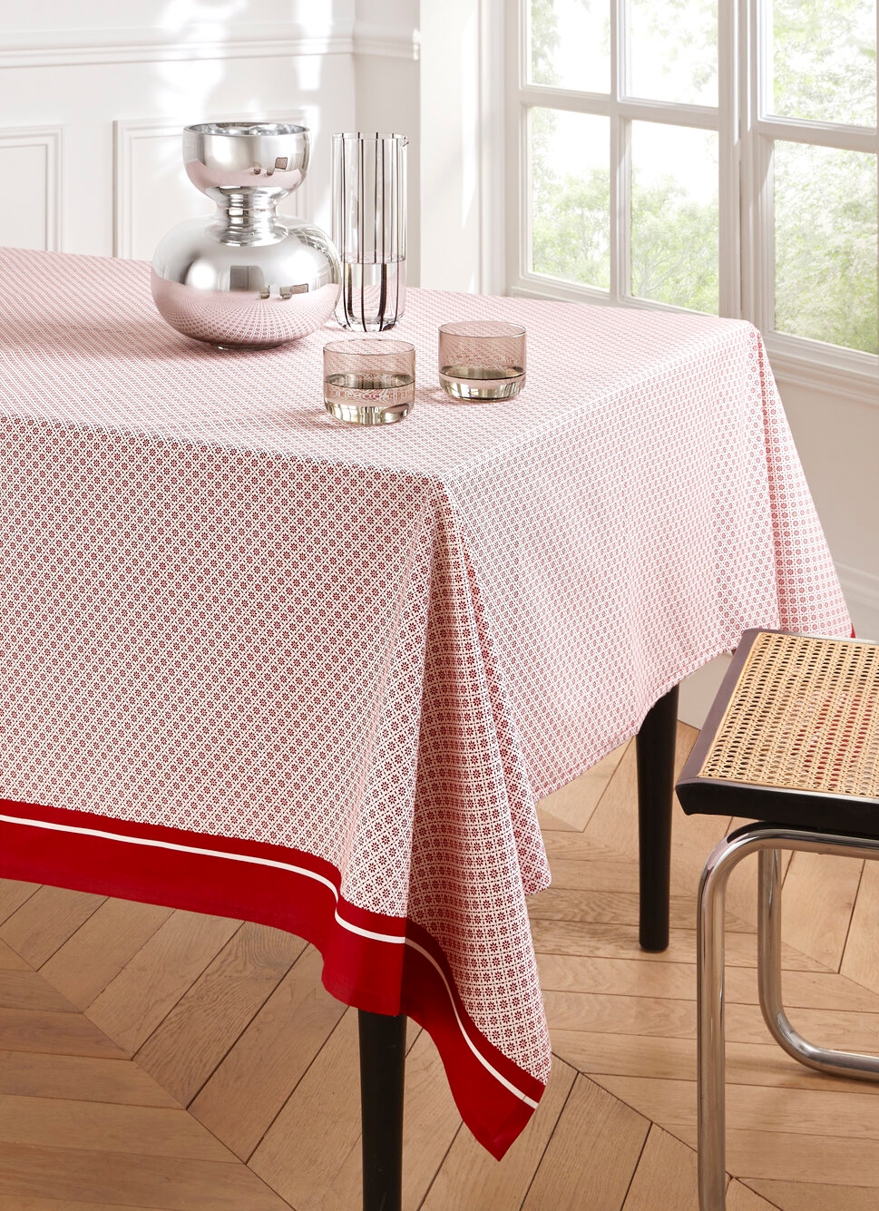 NAPPE EN COTON ENDUITE MOTIF FANTAISIE BLANC/ROUGE