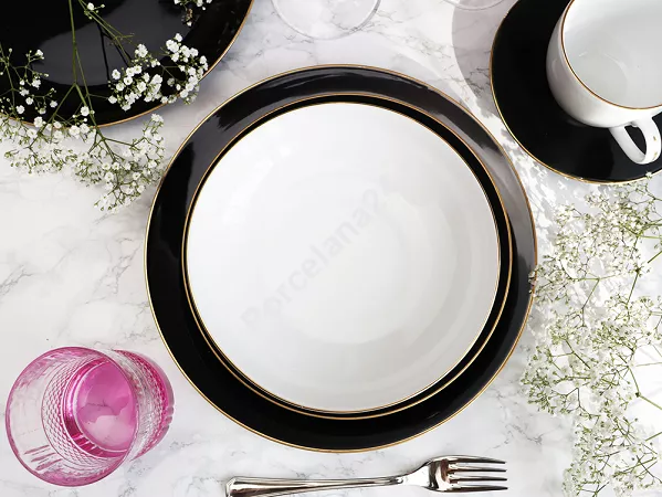 Serwis obiadowo - kawowy na 6 osób (30 el) Bogucice - Black & White Gold 1207