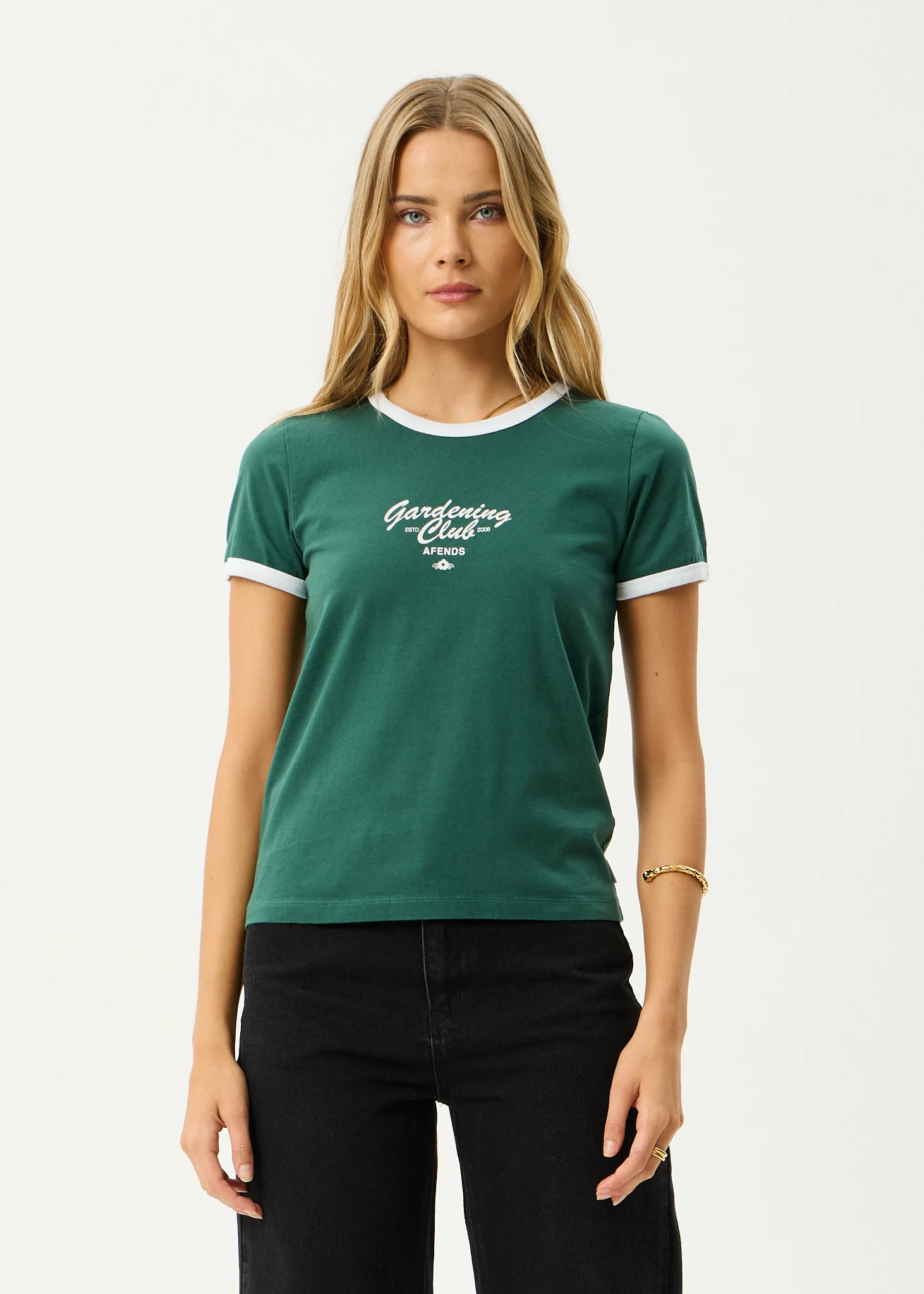 AFENDS Womens Gardening Club - Ringer  Tee - Hunter Green