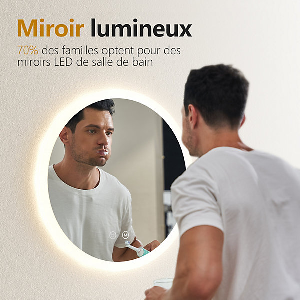 EMKE Miroir lumineux salle de bain rond diamètre 80cm, Miroir LED avec Interrupteur Tactile, Anti-buée, 3 couleurs de Lumières
