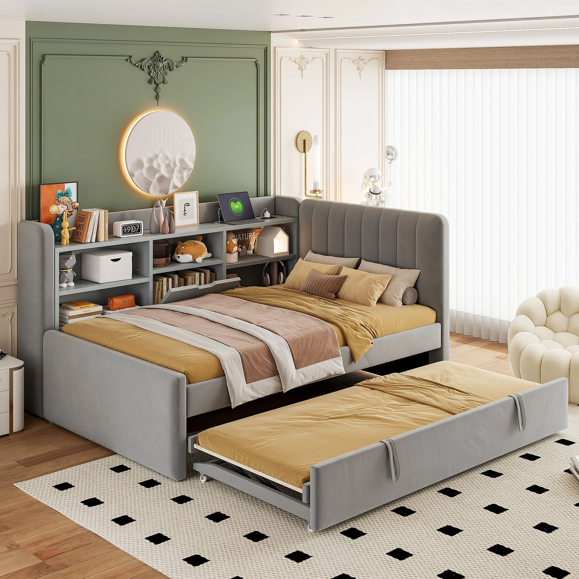 Twin Size Upholstered Daybed with Trundle, Storage Shelves, USB & Outlet