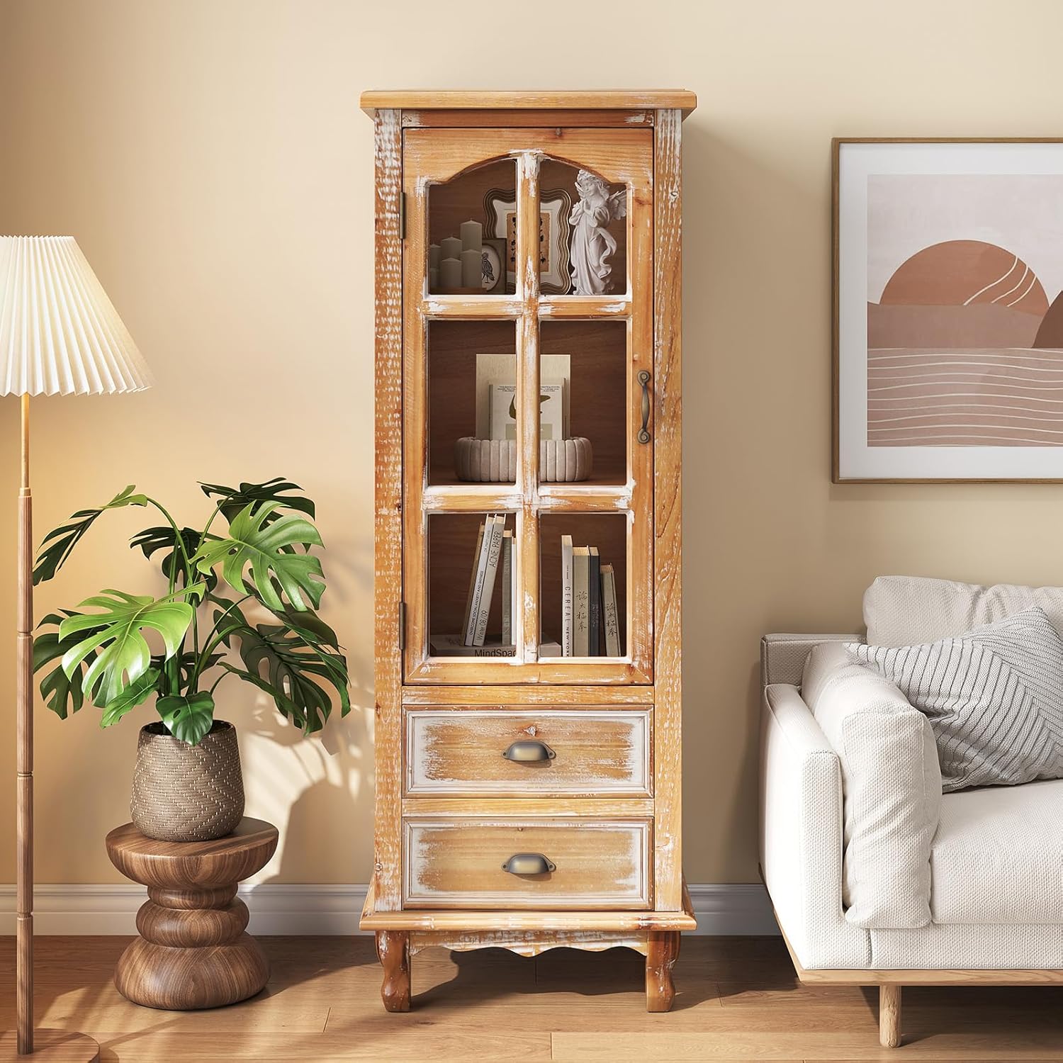 Tall Storage Cabinet with Glass Door & 2 Drawers — Vintage Wood Display Cabinet, Single Door Cabinet with Shelves, Wood Storage Cabinet for Living Room (Solid Wood Frame + MDF)
