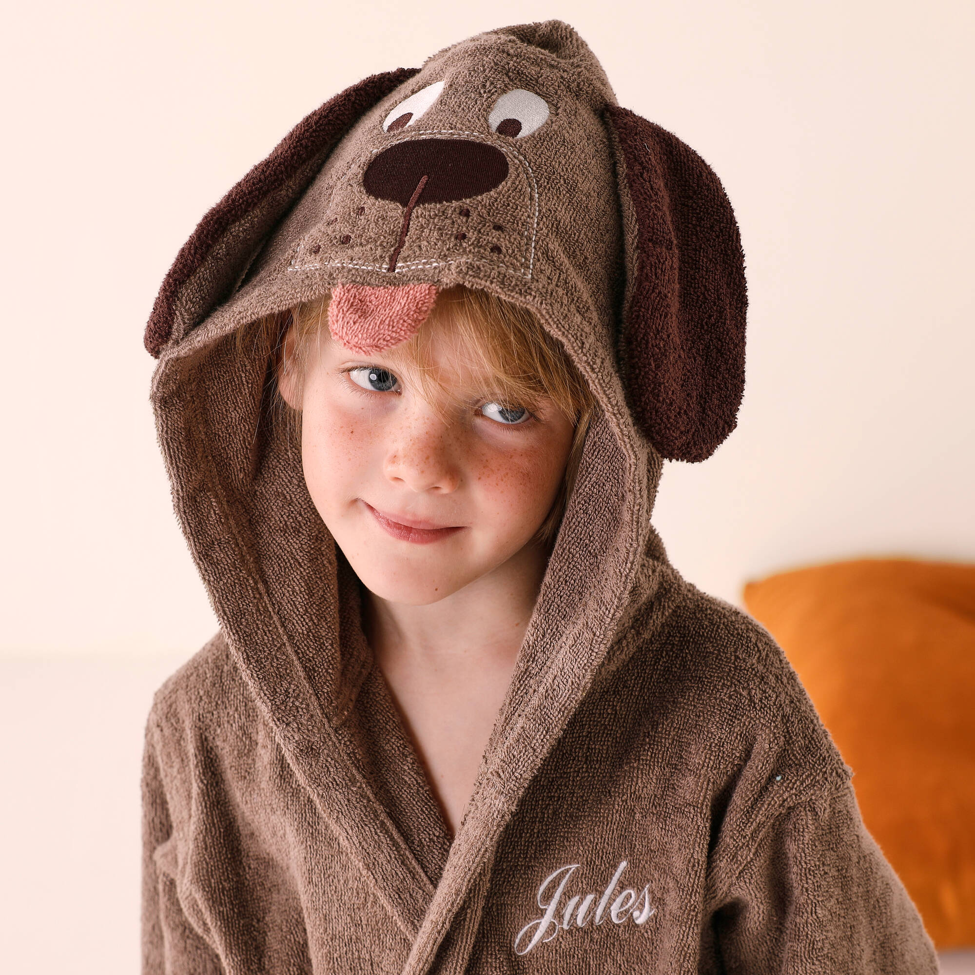 Peignoir de bain enfant personnalisable chien à capuche, éponge coton - 340 g/m²