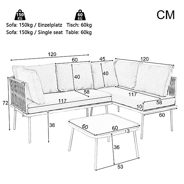 Ensemble table de jardin pour 3-4 personnes,mobilier de terrasse en L,ensemble de canapés d'angle en fer ,Gris