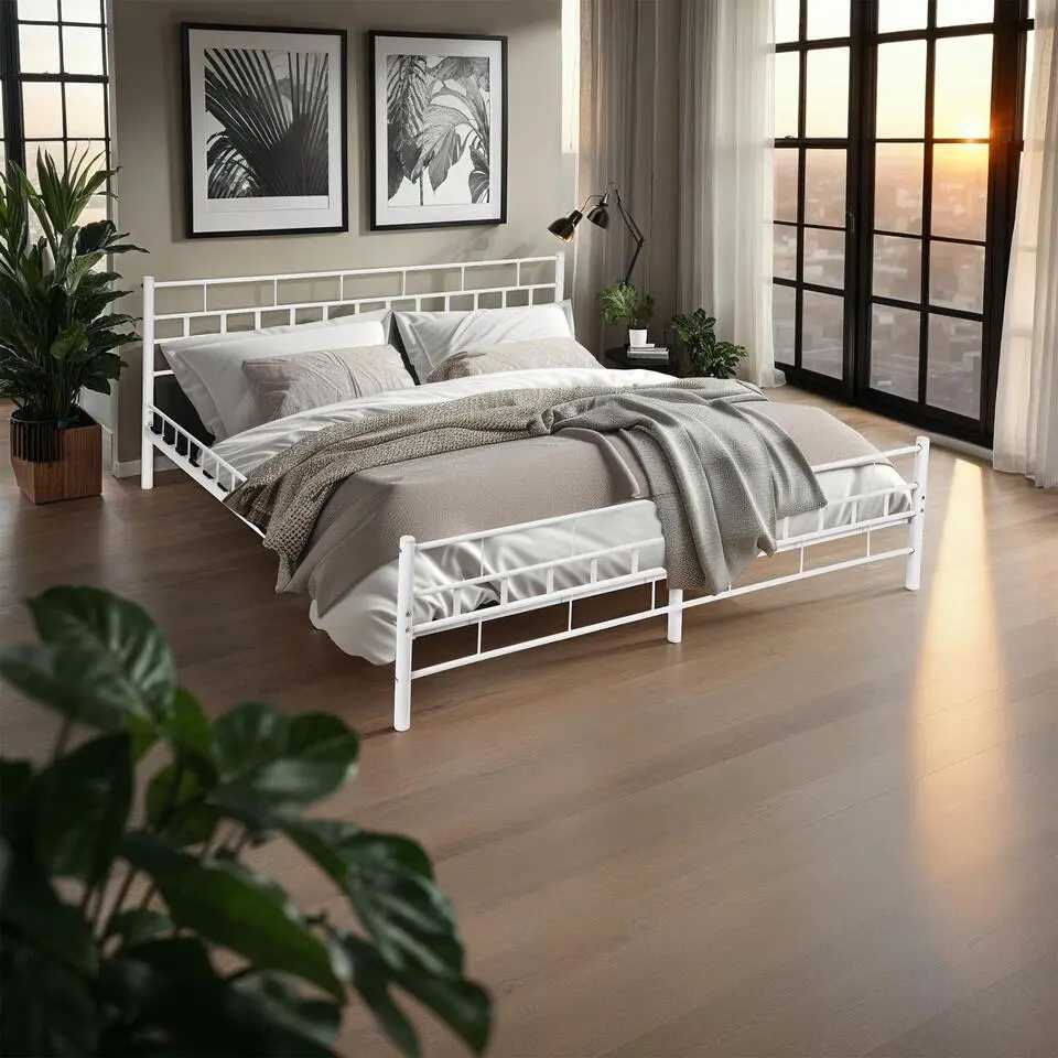 tectake Metalen bed met lattenbodem in modern ontwerp, 200 x 140 cm, Wit