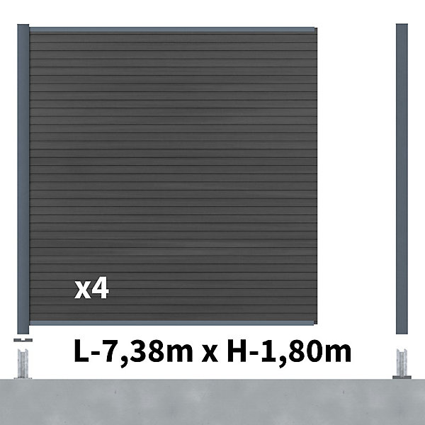 Kit Clôture Composite SANTOS Ardoise 7,5x1,8m - Bois composite &Aluminium - Poteaux sur Platines Gris - Brise vue - Palissade
