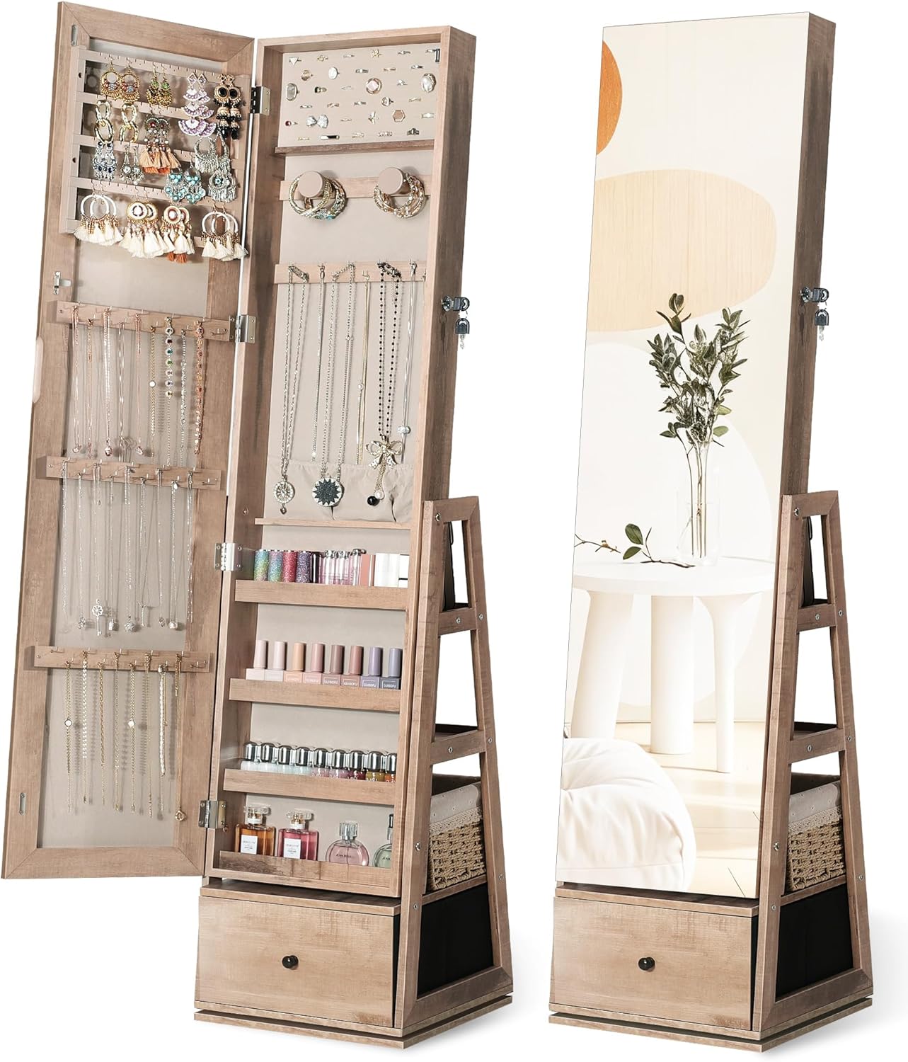 Nicetree 360°Swivel Jewelry Cabinet, Rotatable Full Length Mirror with Jewelry Storage, Standing Jewelry Armoire Organizer, Lockable Jewelry Organizer with 3 Rear Shelves, Bottom Drawer, Oak