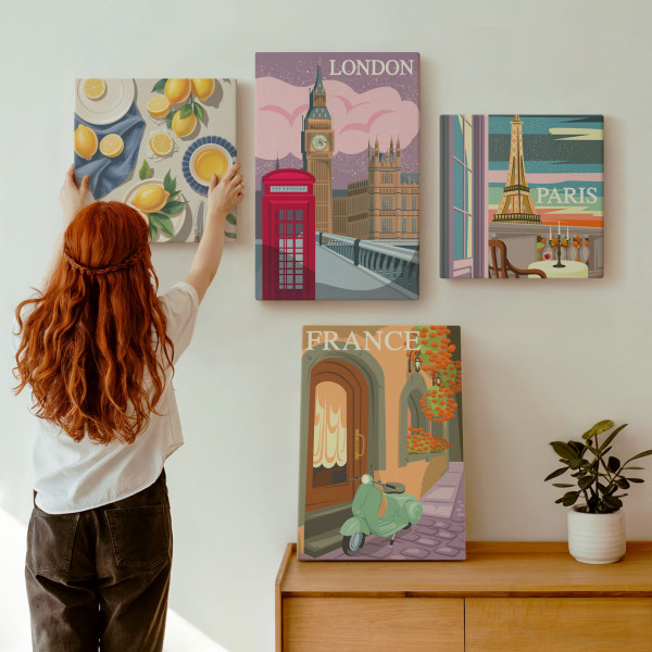 Obraz canvas 4 częściowy Paryż Londyn cytryny |40x40, 40x60| Wallfluent