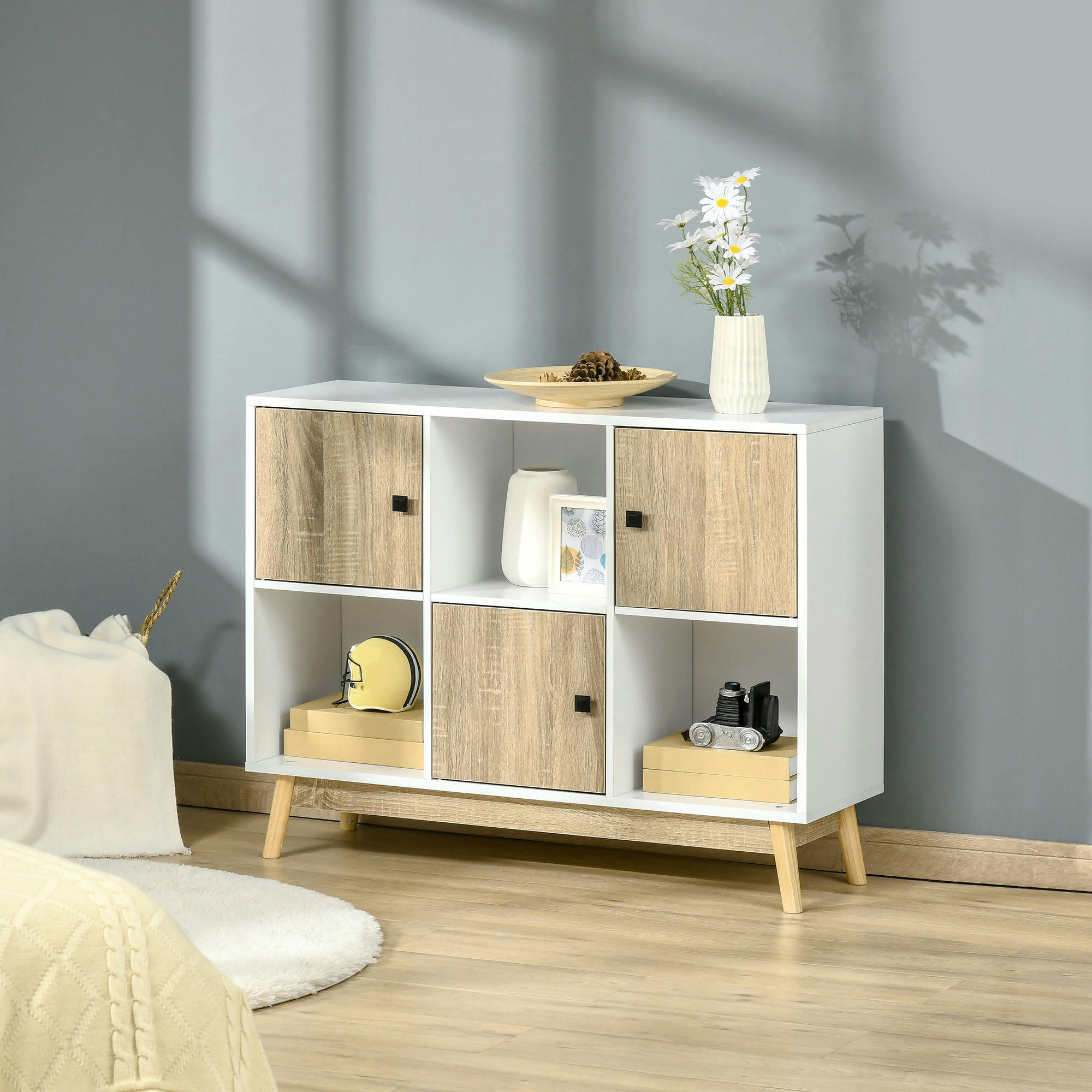 - Bibliothèque style scandinave 3 niches portes blanc aspect chêne clair