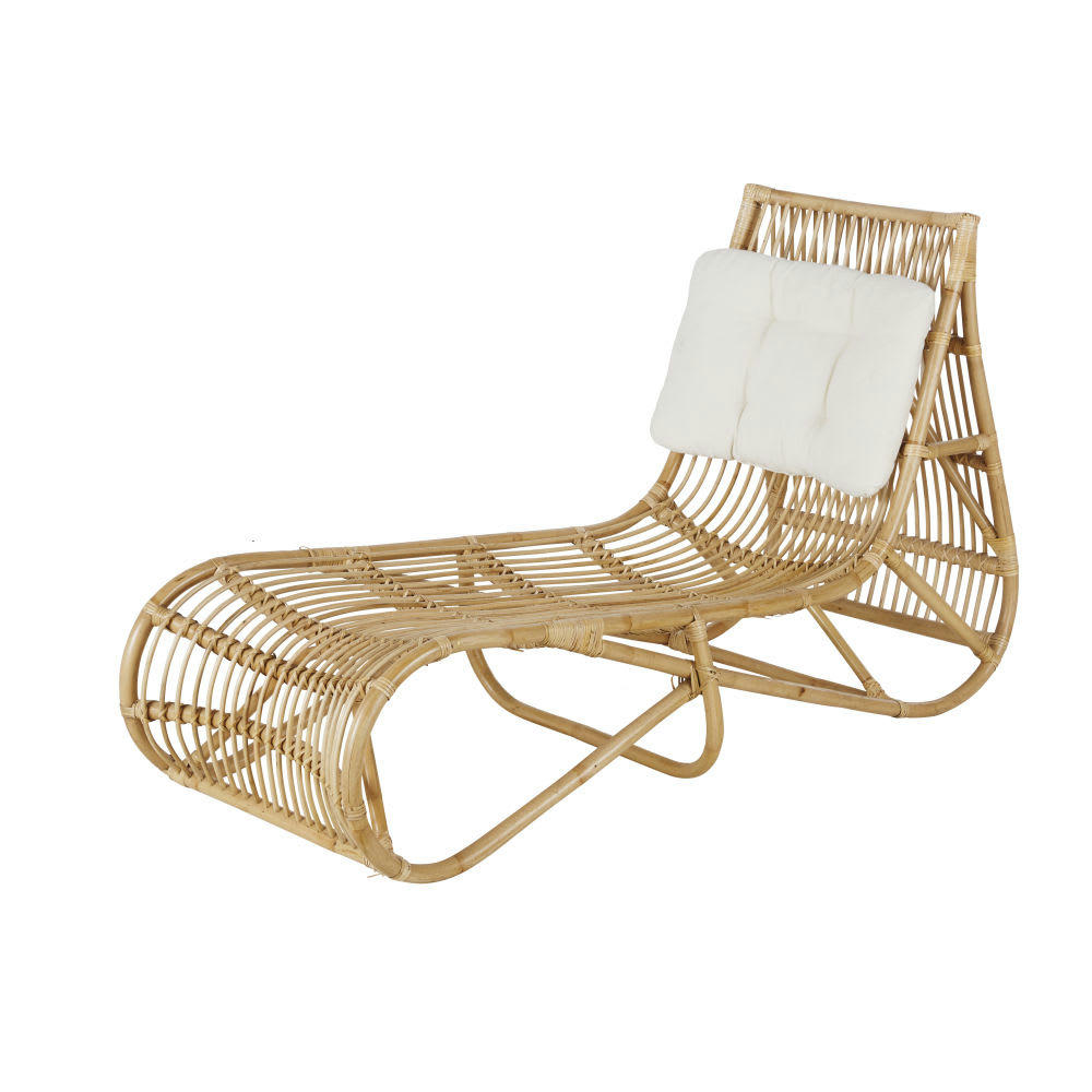 Khalil - Bain de soleil en rotin et coussin écru