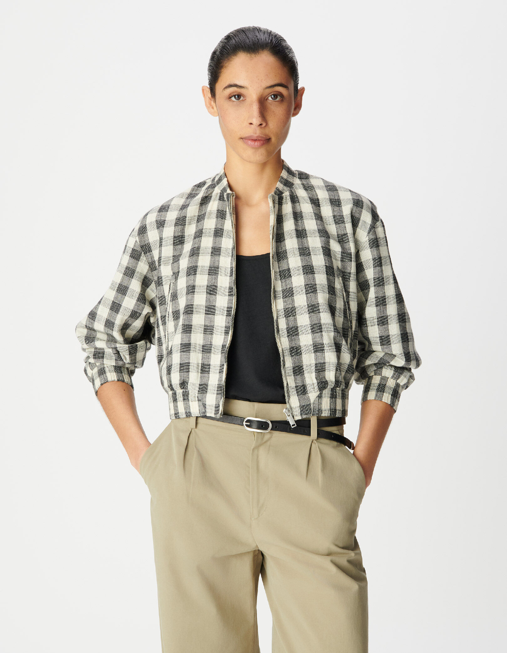 Blouson court écru motif carreaux Femme