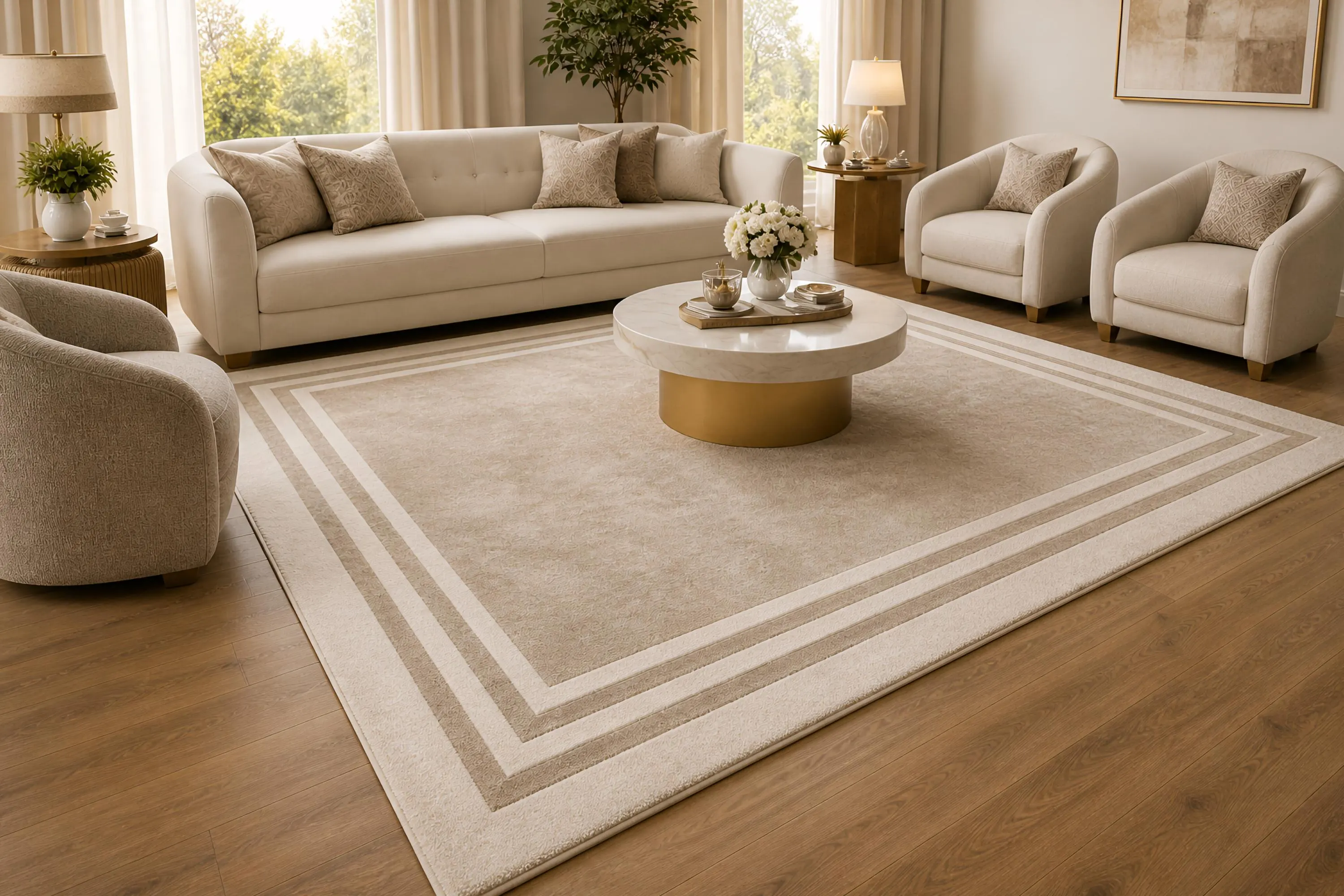 Hand Tufted Neutral Wool Rug Modern Beige Double Border Carpet for Bedroom Living Room