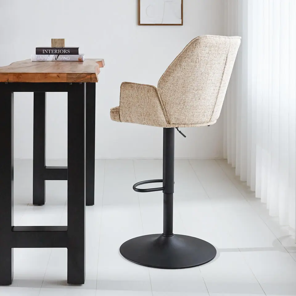 Draaibare Barkruk Beige Novan Chenille Stof - Verstelbaar - Met Armleuningen