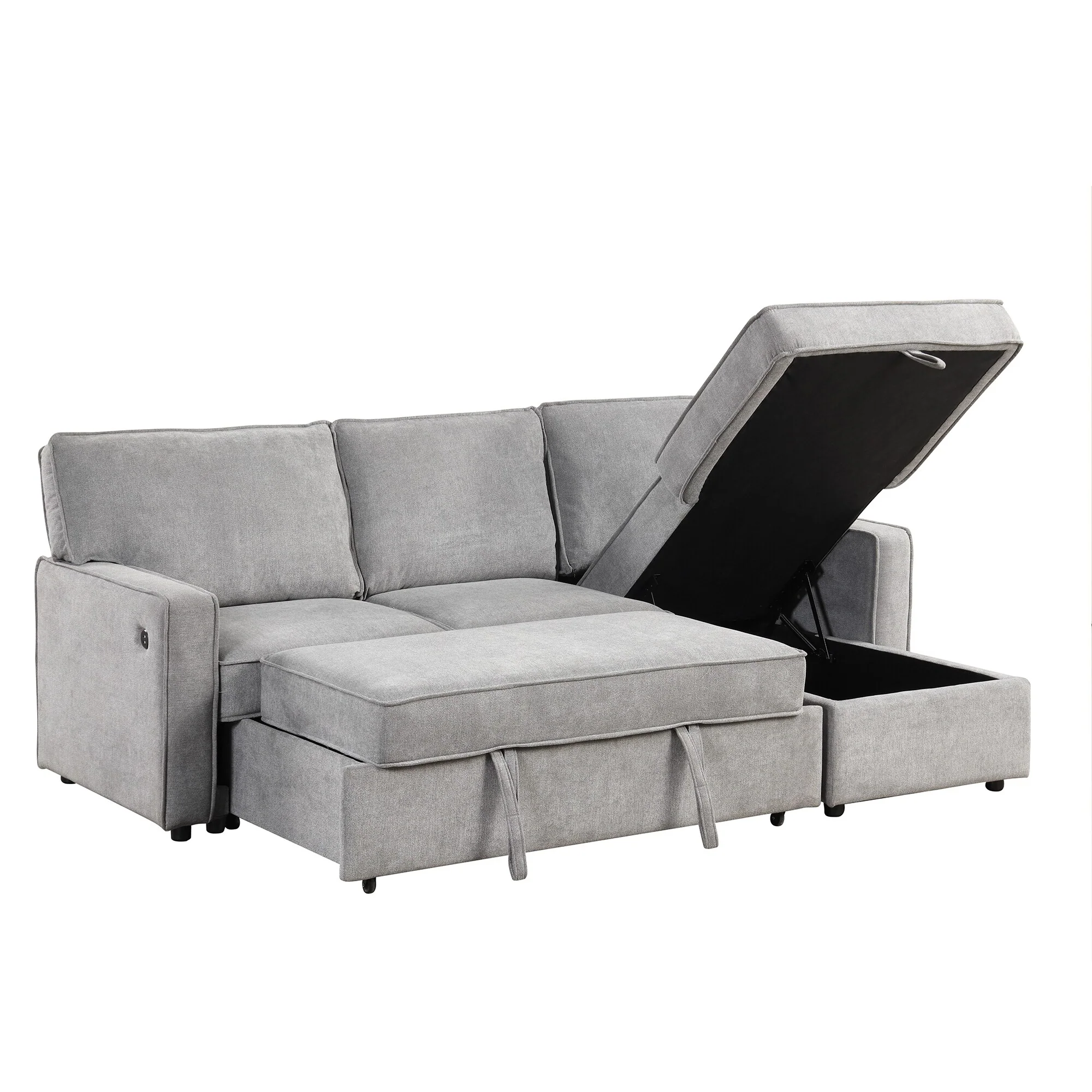 Grey 89'' Polyester Sleeper Sofa, 3-Seater with Pull-Out Bed, Storage Ottoman, USB Port, and Built-In Cup Holders