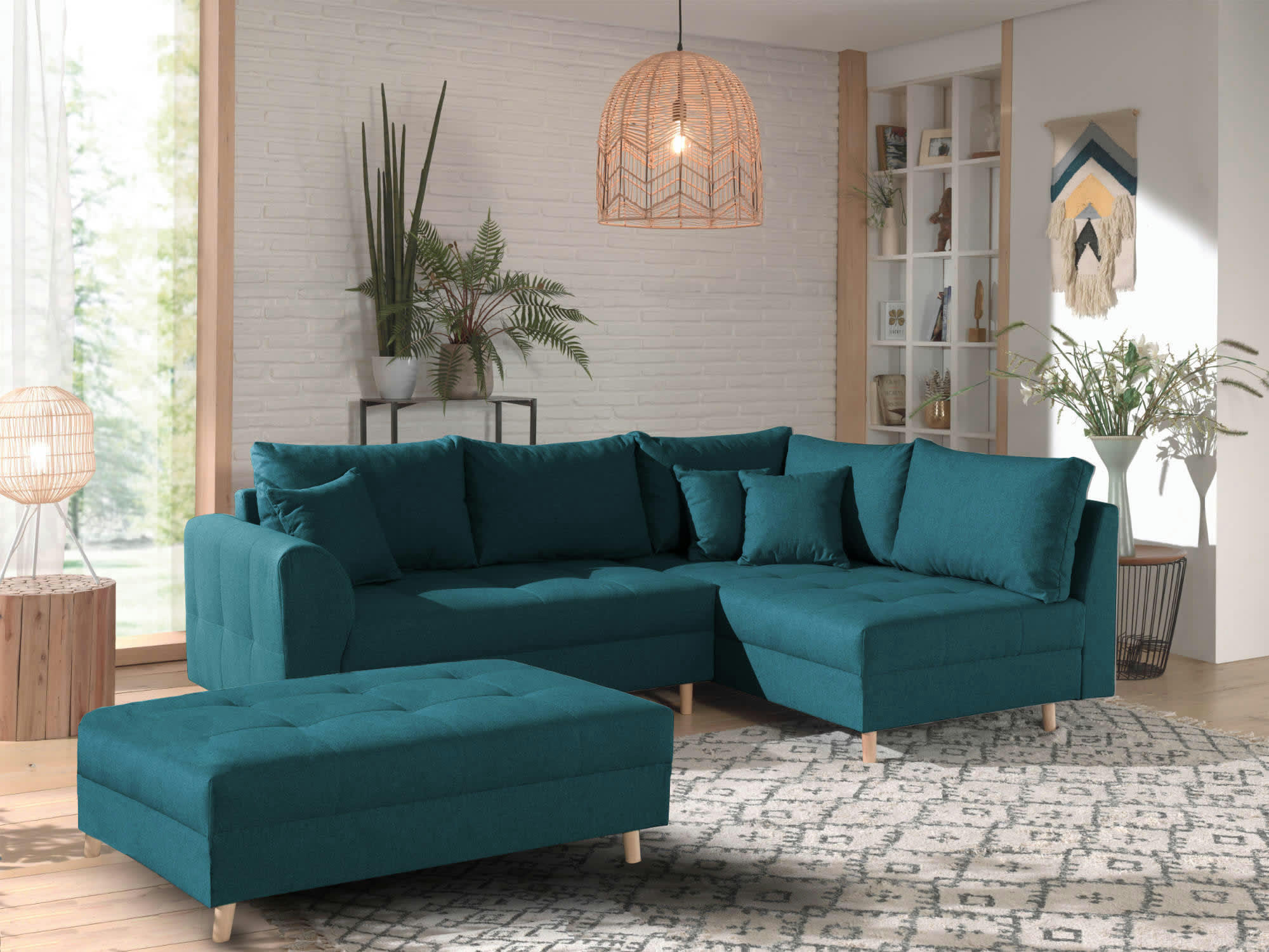 RUNE - Canapé d'angle droit convertible 4 places en tissu bleu canard