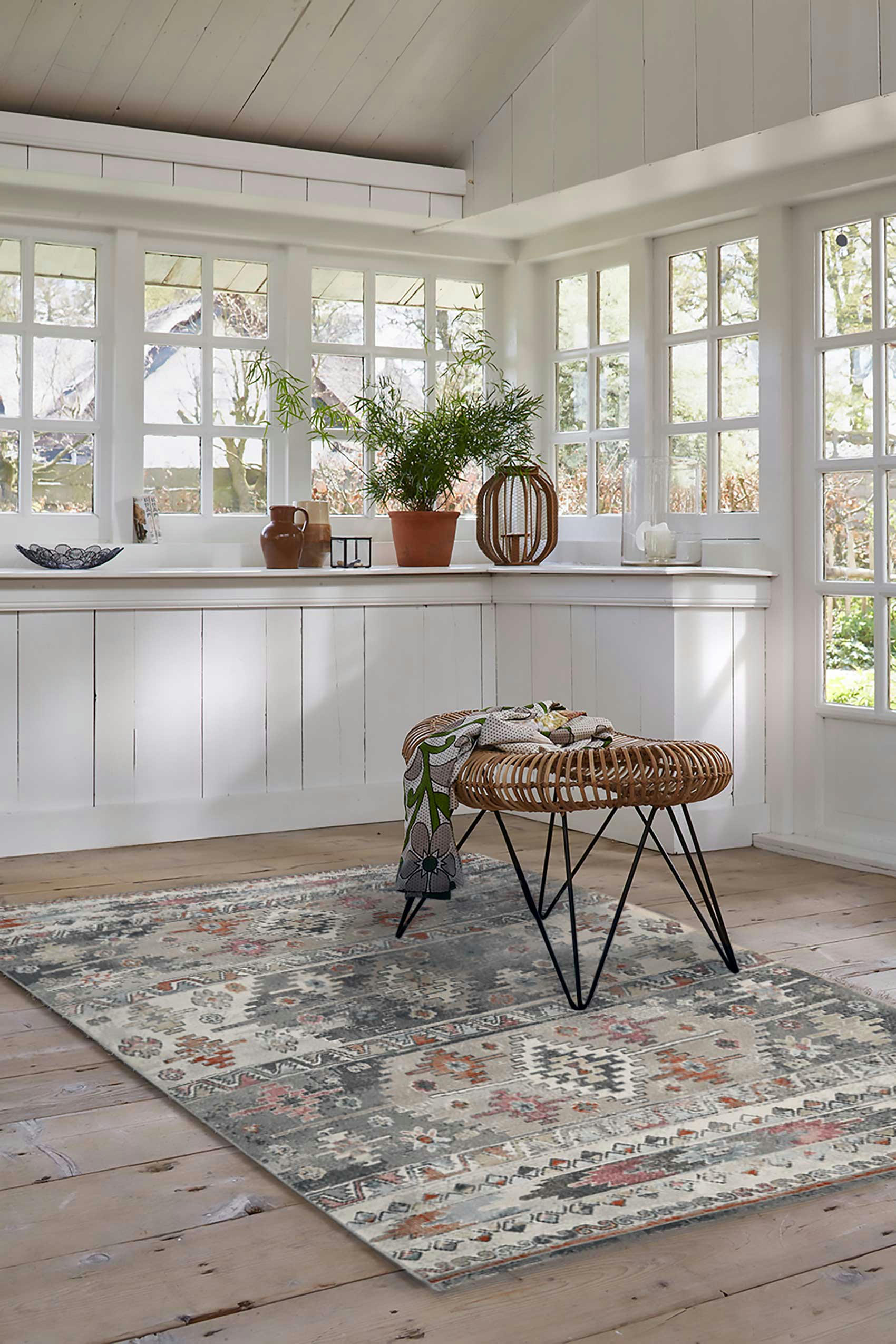 ELWOOD - Tapis exterieur plat motif kilim vintage gris 170x120