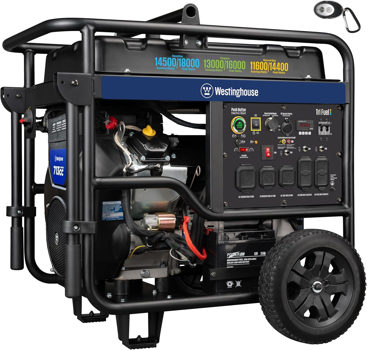 Westinghouse 18000 Peak Watt Tri-Fuel Home Backup Portable Generator  Remote Electric Start  Transfer Switch Ready  Gas  Propane  and Natural Gas Powered  CO Sensor
