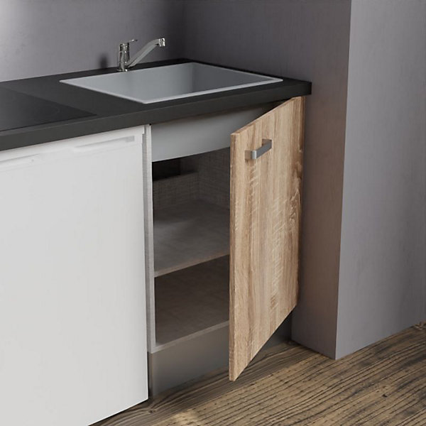 Kitchenette K02 - 120 cm - Façades : Bois - Plan de travail : Noir texturé - Crédences : Non - Evier Gris