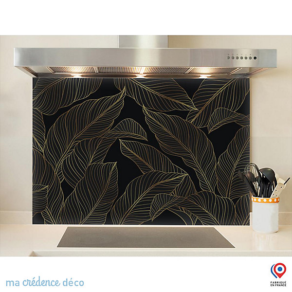 Crédence cuisine fond de hotte feuilles dorées 3 - Verre trempé - L 90 cm x H 70 cm - MaCrédenceDéco