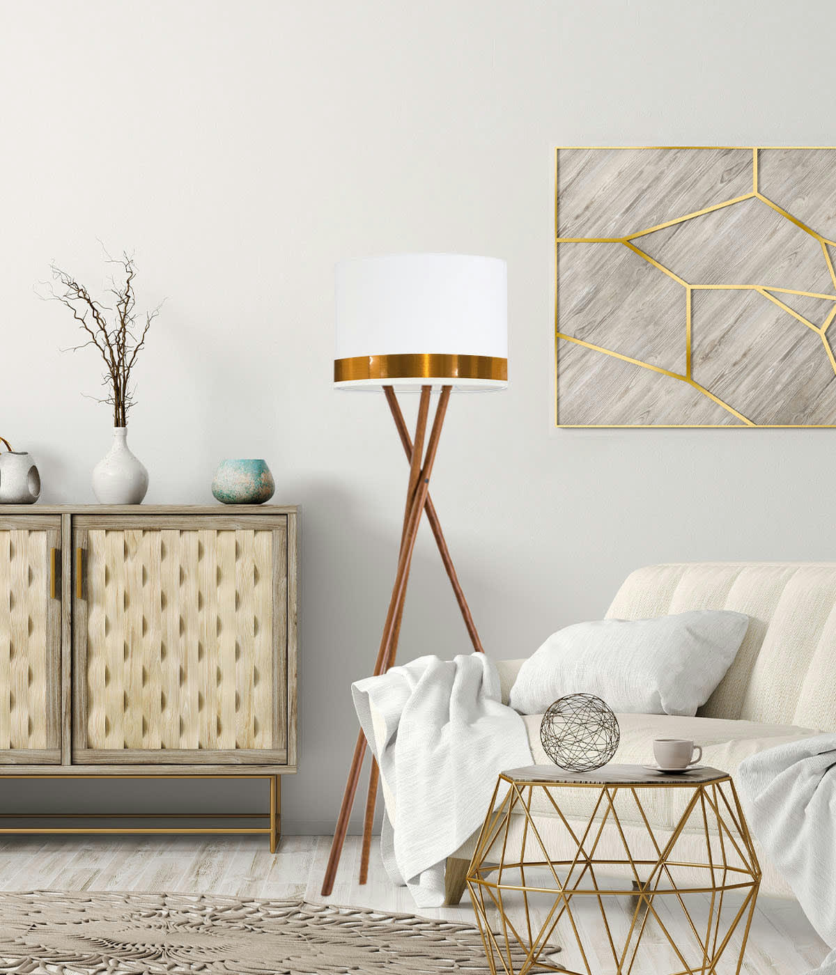 JONC - Abat-jour lampadaire Jonc Blanc et cuivre D: 45 x H: 25