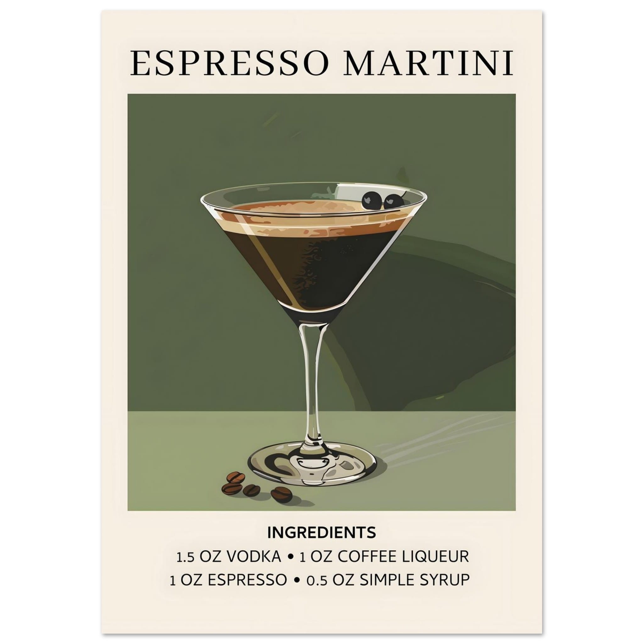 Artfulprints Poster Espresso Martini cocktail - Ingrediënten  - A4 21x29.7 cm - Donkergroen