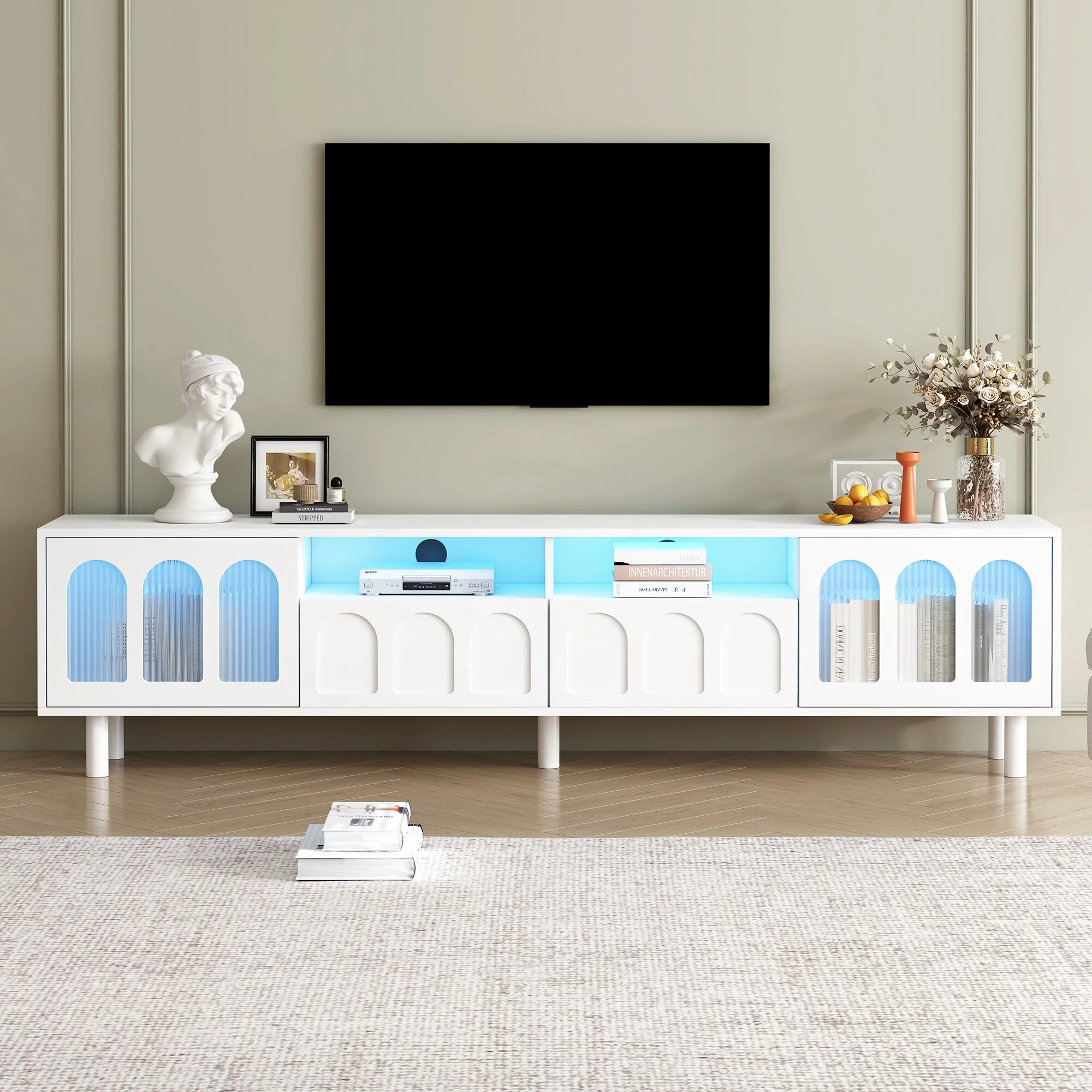 White 70.8 TV Stand with LED Strip, Wood Legs & Fluted Glass Doors for TVs Up to 80