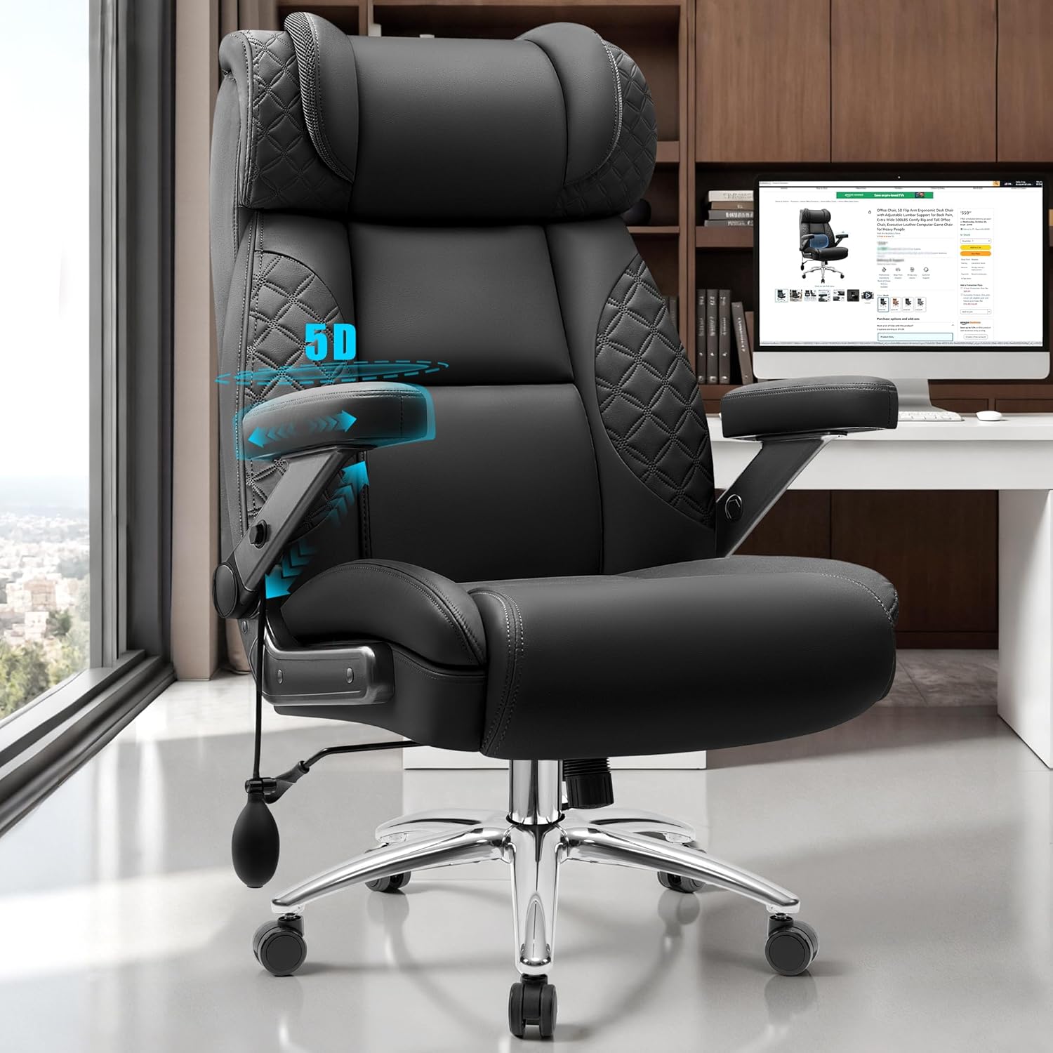 Big and Tall Office Chair, Desk Computer Chair for Heavy People, Oversized Executive Gaming Chair, Extra Wide 500LBS Ergonomic Comfy Office Chair with Adjustable Lumbar Support & 5D Flip Arms