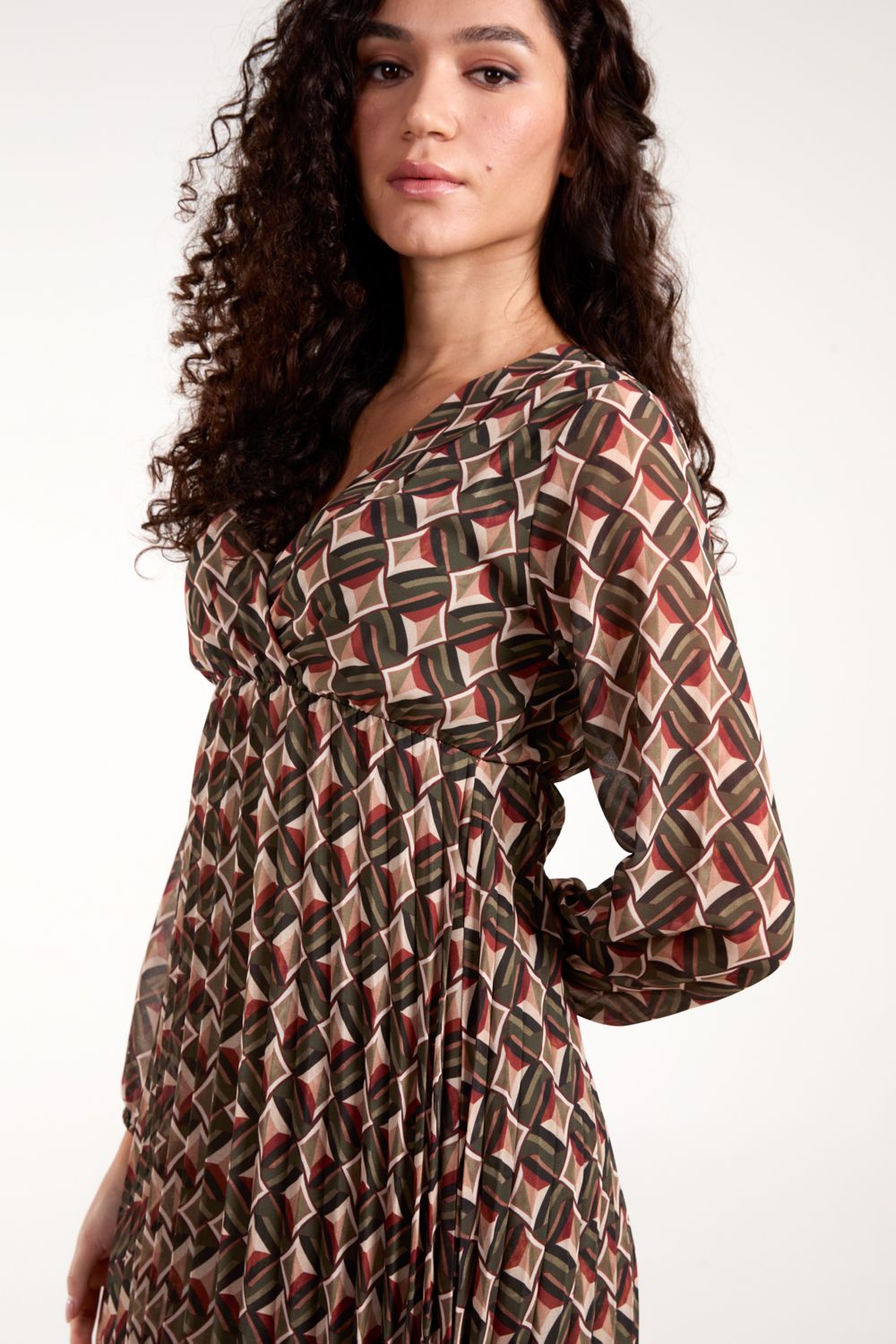 Blue Vanilla Geo Print Wrap Front Pleated Dress